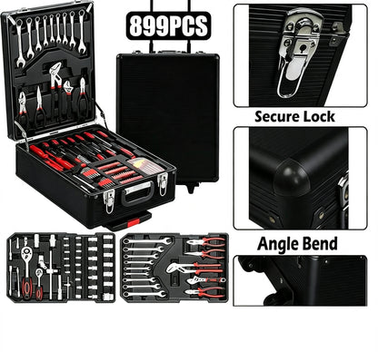 899-Piece All-in-One Wheeled Tool Set with 4-Tier Aluminum Portable Storage Case for Car Repair & Home Projects