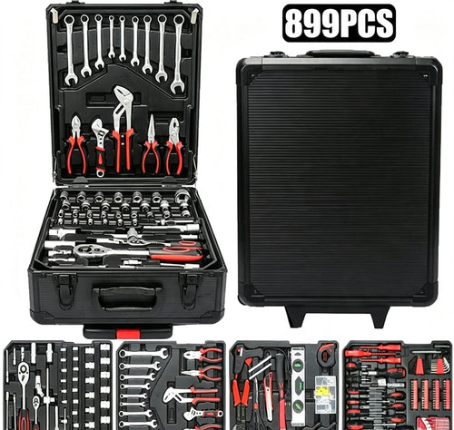 899-Piece All-in-One Wheeled Tool Set with 4-Tier Aluminum Portable Storage Case for Car Repair & Home Projects